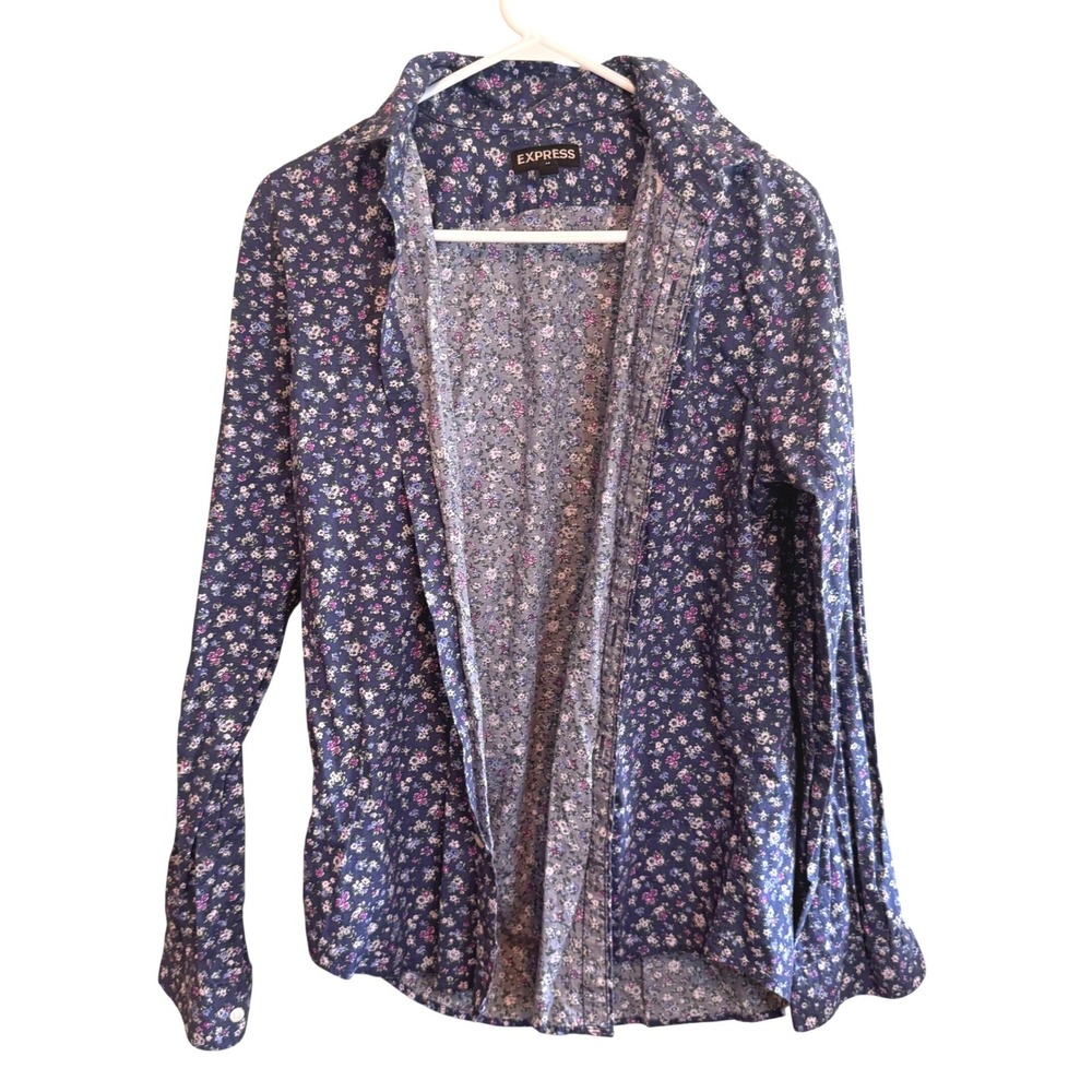 Express Mens Navy Blue Ditsy Floral Long Sleeve‎ Button Down Shirt Size M